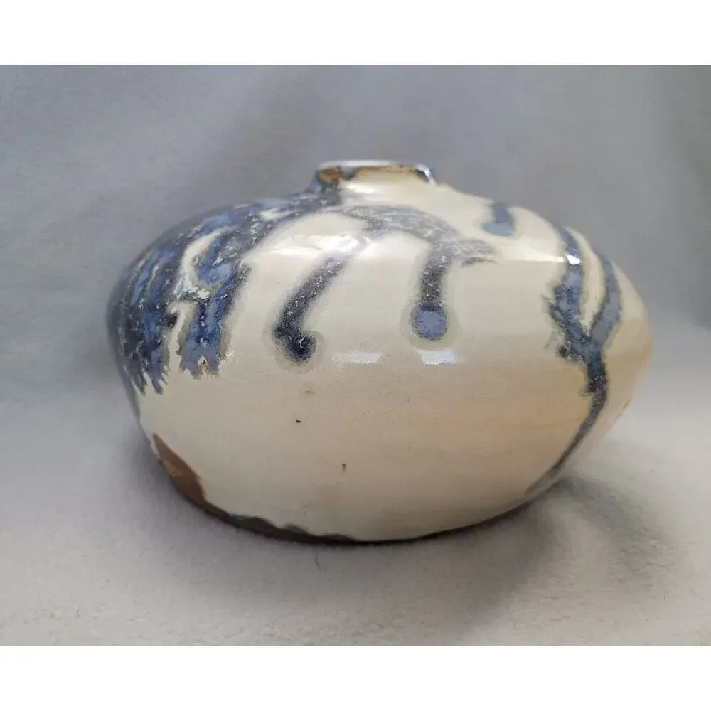 Vintage Studio Art Pottery Fly Bug Large Round Orb Vase Glaze Blue